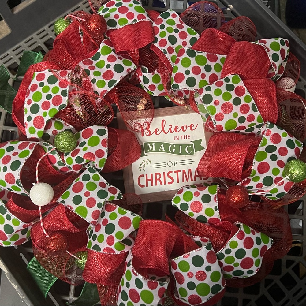 Whimsical Christmas wreath red and green polka dots